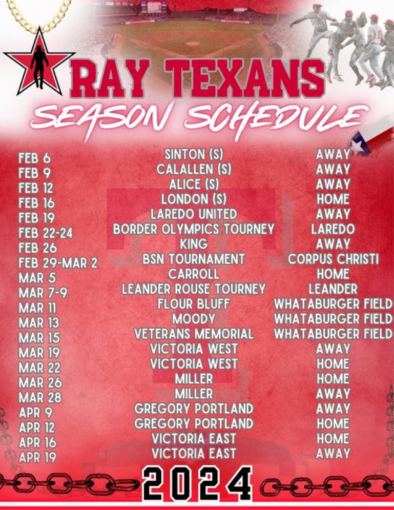ray_bsblbooster's tweet photo. 2024 Ray Texan Baseball Varsity Baseball Schedule! Let’s Gooooo! @raytexanbsbl @wsrodriguez @CoachRickyG9 @wbrayfootball @wbrayhs ⚾️#goraygo https://t.co/ObBxeyxjoj