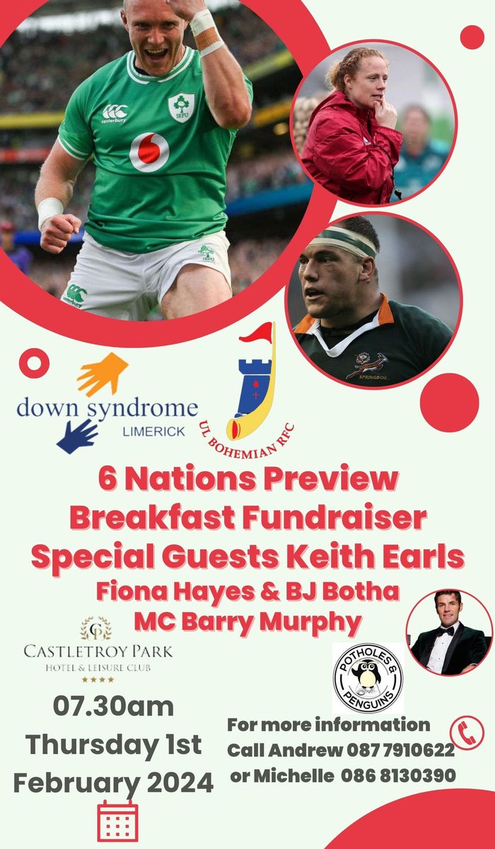 UL Bohemian RFC are Teaming up with Down syndrome Limerick to host a 6 Nations Breakfast Preview Fundraiser in the @CastletroyP with @KEITHEARLS87 @fihayes27 @BJBotha hosted by @BarryMurphyHG on Thursday 1st February 2024. Hope to see you there!!🔴🔵🍳🥞☕