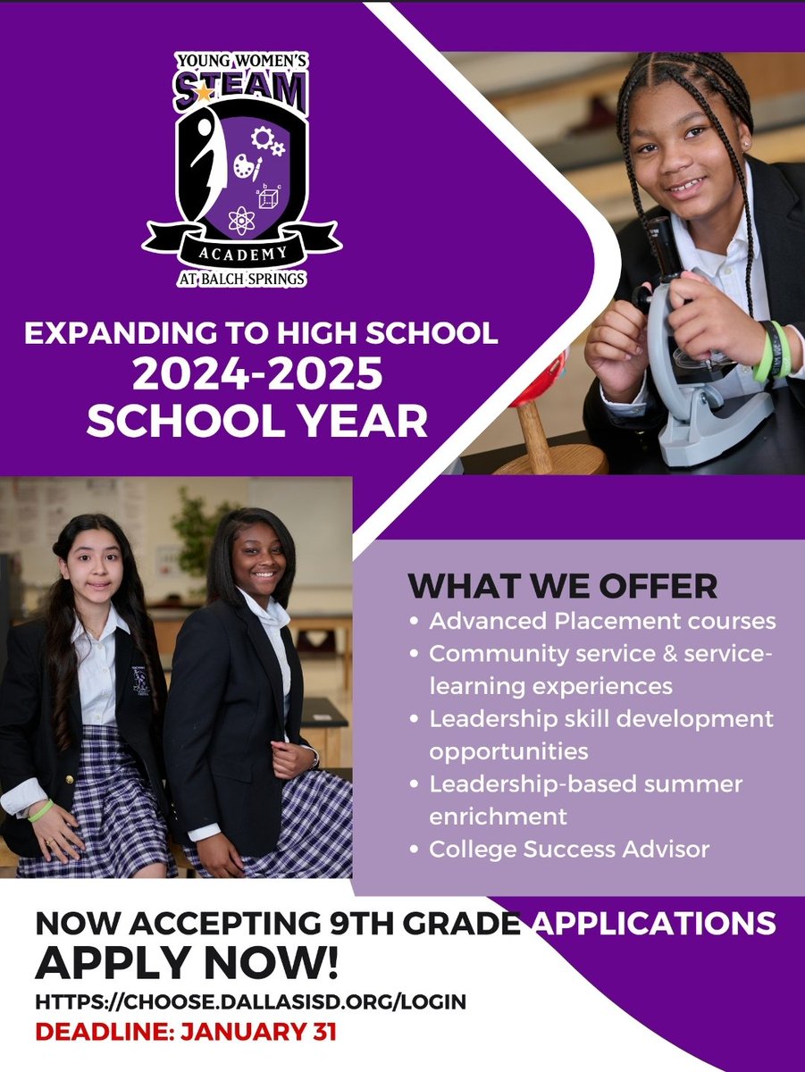 YWSALadyJags's tweet photo. We are excited to begin accepting applications for 9th grade in partnership with Young Women’s Preparatory Network. APPLY NOW!! Deadline January 31, 2024 @MrJChoice1
https://t.co/F0EokVM3xI https://t.co/HjefHbHs4n