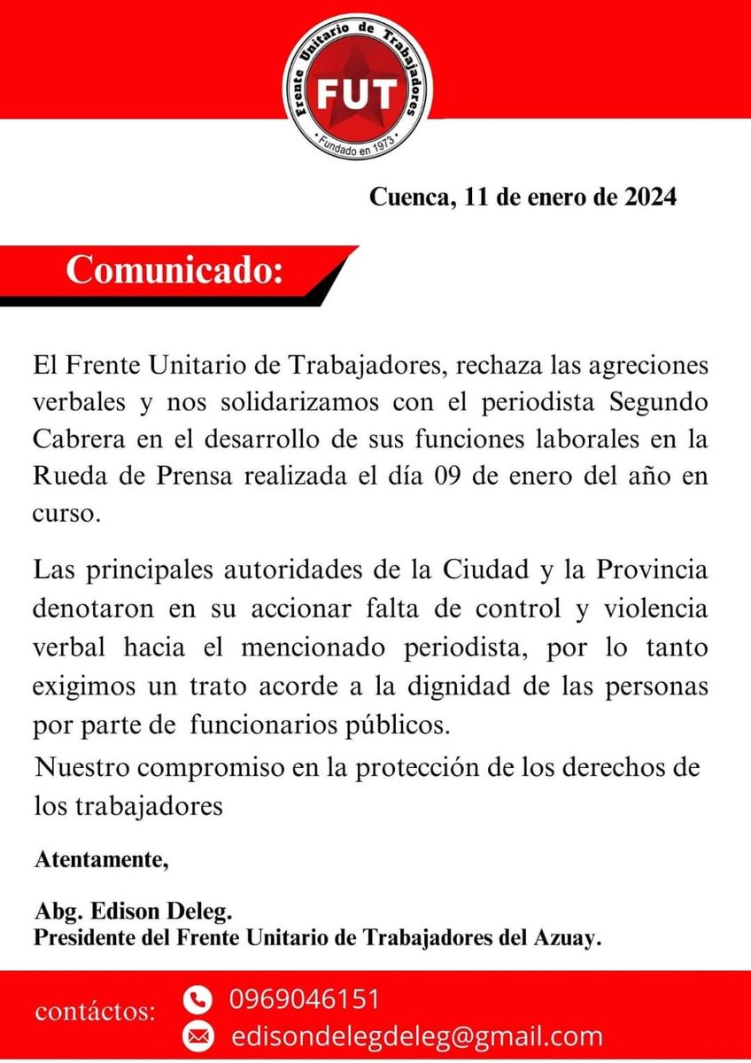 DonVilla_Vive's tweet photo. El #FUT Frente Unido de Trabajdores del Azuay, se solidariza con #SegundoCabrera @jasmel_1 y rechaza las agresiones verbales del @AzuayPrefectura @jotalloretv y @czamoramatute del @MunicipioCuenca. https://t.co/4q0r8qvEtN