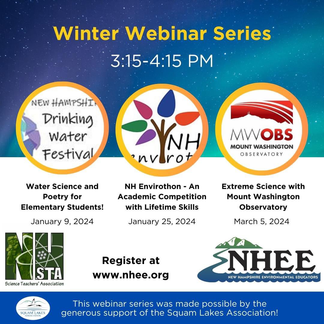 Check out this webinar series put forth by our partnership with the New Hampshire Environmental Educators! Sponsored by Squam Lakes Association 

#scienceeducation #extremeweatherevents #trivia #drinkingwater #elementary #Middleschool #highschool
