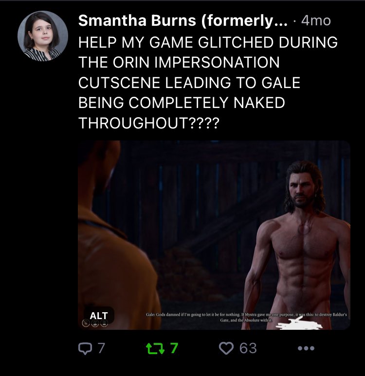 CheeseCakeChik's tweet photo. @HaybaleVoice The funniest bug hands down was Gale appearing in a cutscene fully nude for no reason whatsoever. I started crying from how hard I laughed when it happened https://t.co/5pXBZzTXkI