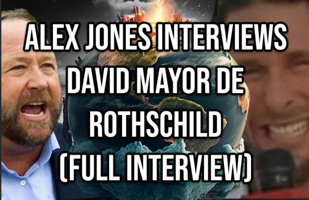 A YouTube thumbnail featuring Alex Jones on the left and a man on the right, with a cracked Earth and city imagery in the background, prominently displays the text "ALEX JONES INTERVIEWS DAVID MAYOR DE ROTHSCHILD (FULL INTERVIEW)," matching the post's title for a 2007 global warming debate.
