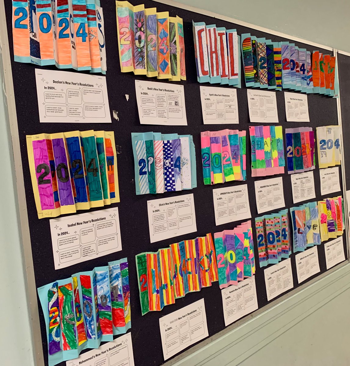 Ms_JWong's tweet photo. Take a second look at the agamographs Grade 5’s created to celebrate the new year! Depending on the angle as you walk by, you may see 2024 🎉 or a word that students chose to describe the year. Planning to do these again for transformations in geometry! https://t.co/UXEoRLXDvX