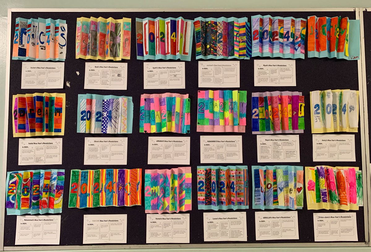 Ms_JWong's tweet photo. Take a second look at the agamographs Grade 5’s created to celebrate the new year! Depending on the angle as you walk by, you may see 2024 🎉 or a word that students chose to describe the year. Planning to do these again for transformations in geometry! https://t.co/UXEoRLXDvX