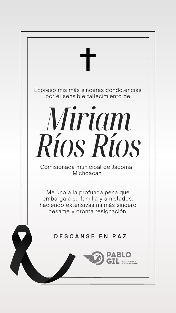Lamento profundamente el fallecimiento de Miriam Ríos Ríos quien fuera Comisionada municipal de Jacoma, Michoacán. Envío mis más sincero pésame a sus familiares y amigos.