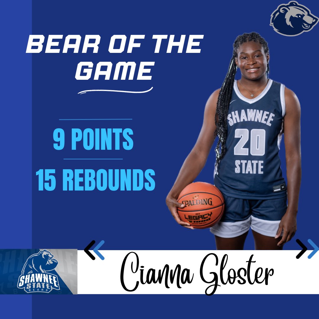 SSUWBB's tweet photo. With 15 rebounds and the winning shot at the buzzer, tonight's BEAR OF THE GAME is Cianna G.!!!!
#bearofthegame
#winningshot
#crashtheboards
#boogie https://t.co/qjEGvX8wlk