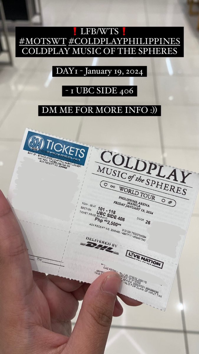 stwbrryjoon's tweet photo. ❗️LFB/WTS ❗️
#MOTSWT #COLDPLAYPHILIPPINES
COLDPLAY MUSIC OF THE SPHERES

DAY 1- January 19, 2024
-1 UBC SIDE 406

DM ME FOR MORE INFO:) https://t.co/p8Djfuz8Zr