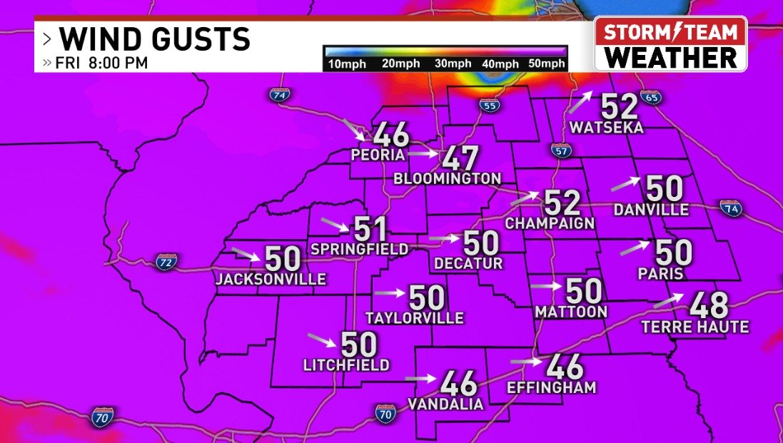 DarrenLeedsWx's tweet photo. As the next storm system hits the Midwest, it will be packing wind gust speeds that could exceed 50 MPH. This will be the point in time that temperatures will be dropping and we'll be watching rain transition into snow. #cILwx #ILwx #JanuaryWeather #Cold #JanuarySnow https://t.co/D0SIWDbDZL