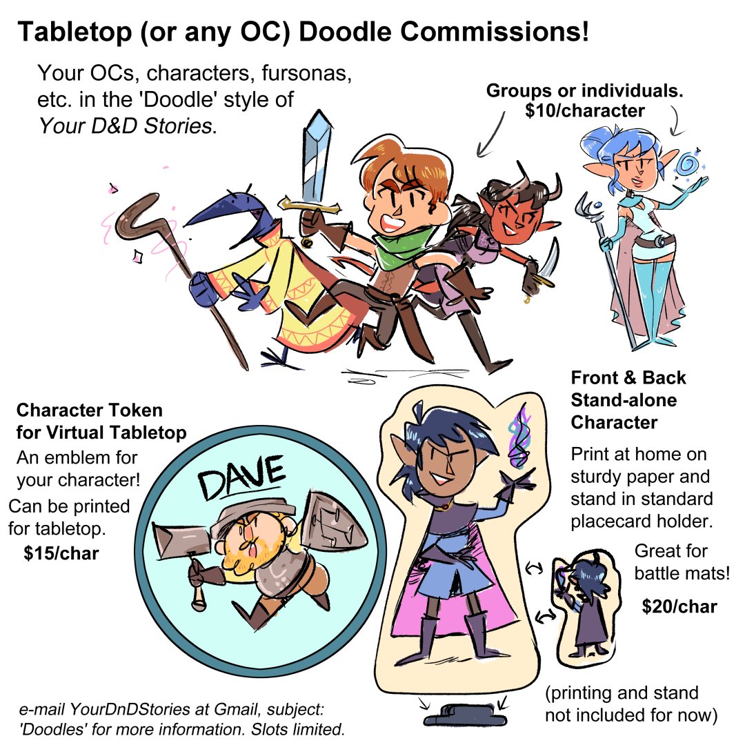 Trying something new, will adjust based on interest and feedback. Character Doodles! VTT tokens! Send an e-mail to YourDndStories at gmail, subject 'Doodles' if interested. Love you.