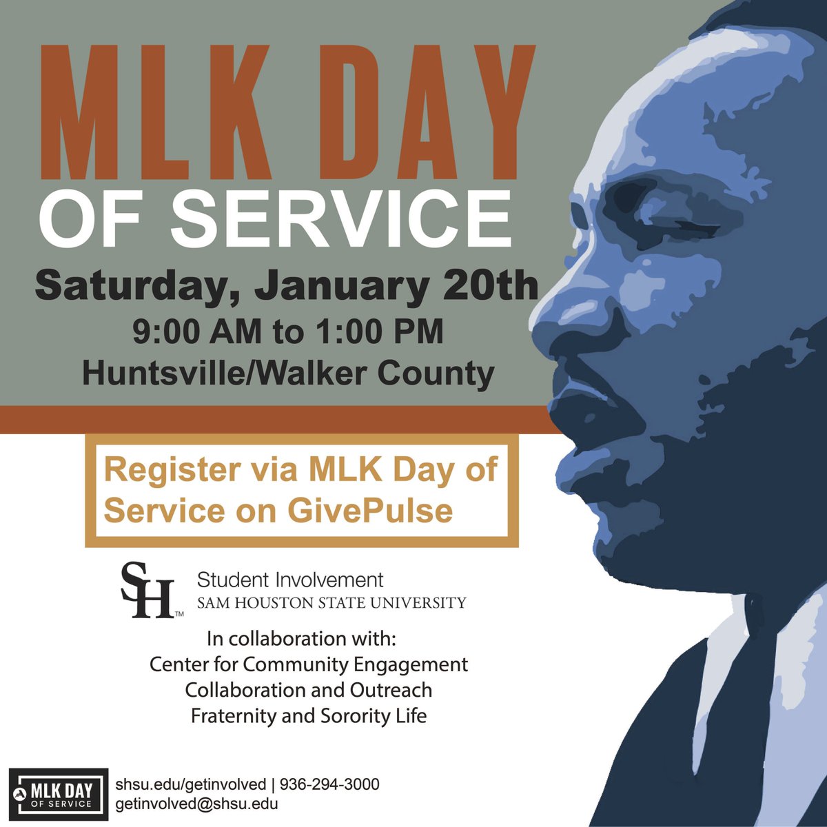 Have you signed up for MLK Day of Service yet? Don't forget! "The measure of a Life is its Service." #SHSU