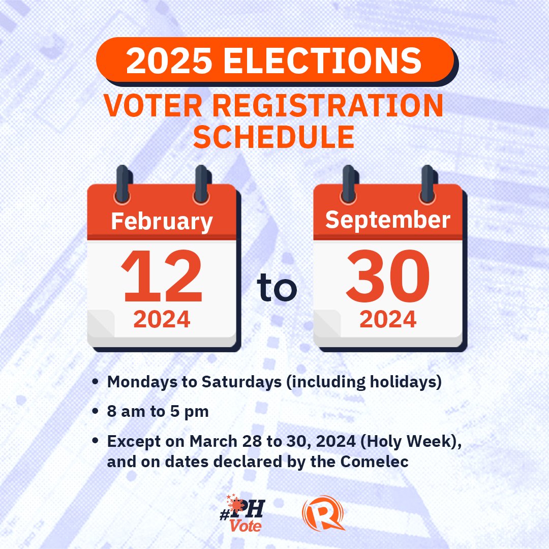 rapplerdotcom's tweet photo. REGISTER TO VOTE! 🗳️

The Commission on Elections has released the voter registration schedule for the 2025 local and national elections, starting this February. #PHVote

Check out Comelec news and updates here: https://t.co/y2ljI7EKBH https://t.co/SOPN0CiveR