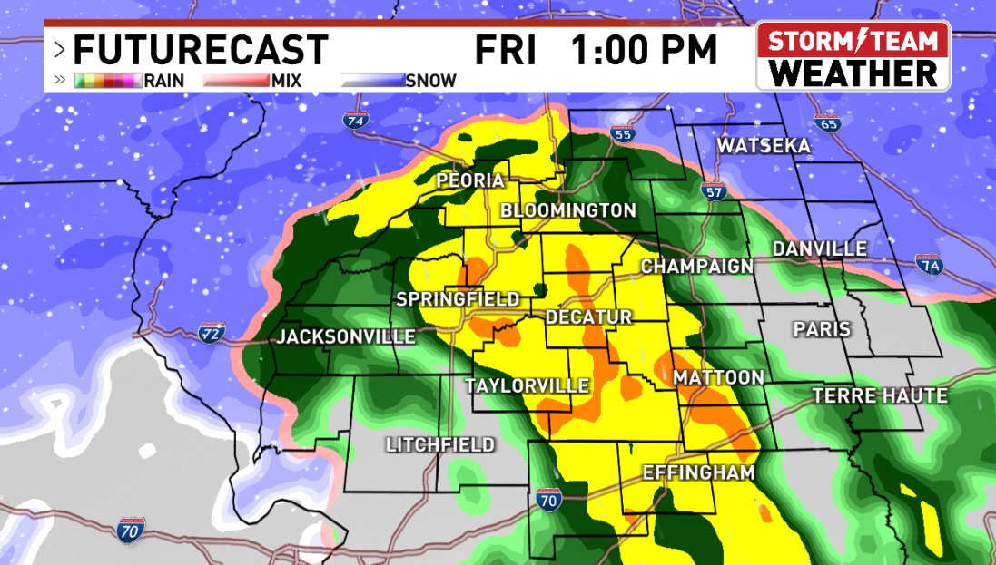 DarrenLeedsWx's tweet photo. We'll continue to see rain showers through much of the day on Friday as temperatures warm into the mid-40s, some periods of heavy rain are expected. Cold air in the evening will transition into snow after 5 PM on Friday.
#cILwx #ILwx #JanuaryWeather #Cold #JanuarySnow #Winter2024 https://t.co/psSswbo6AX