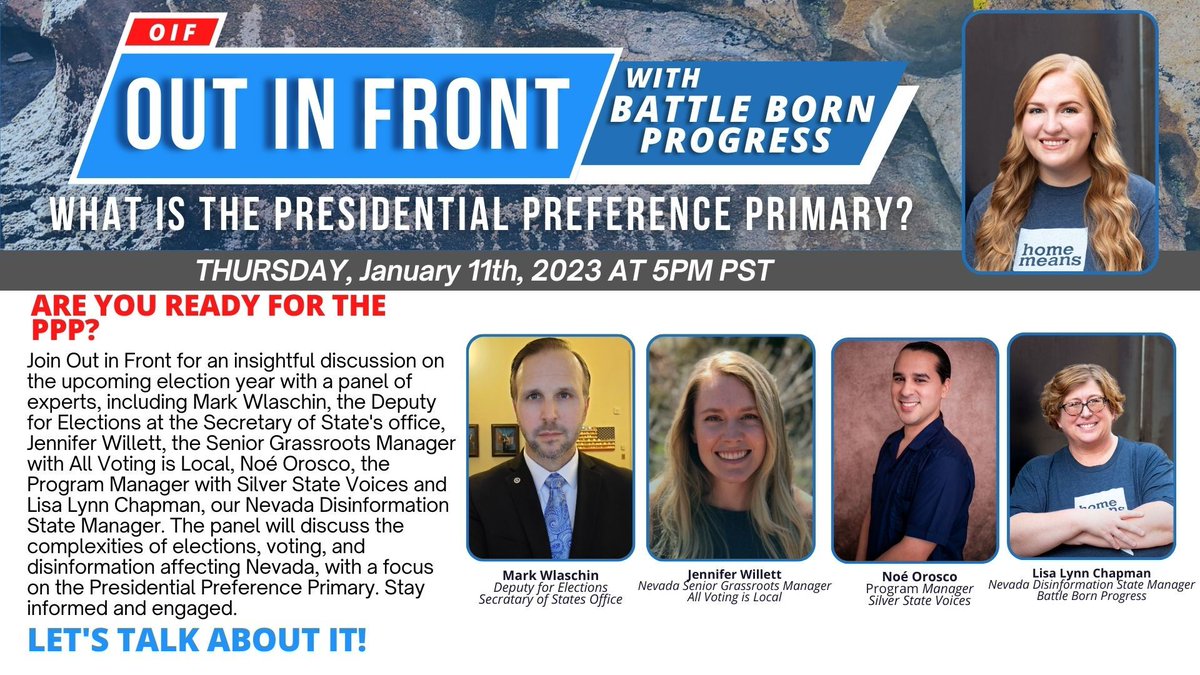 BattleBornProg's tweet photo. ⏰ It's almost showtime! Just one hour until #OutInFront! Join us for a conversation with our expert panel -- Mark Wlaschin, Jennifer Willett, Noé Orosco and Lisa Lynn Chapman about the Presidential Preference Primary. See you at 5 PM! 🕔🎥  #ElectionDiscussion #NevadaVotes https://t.co/vo65dQxmM7