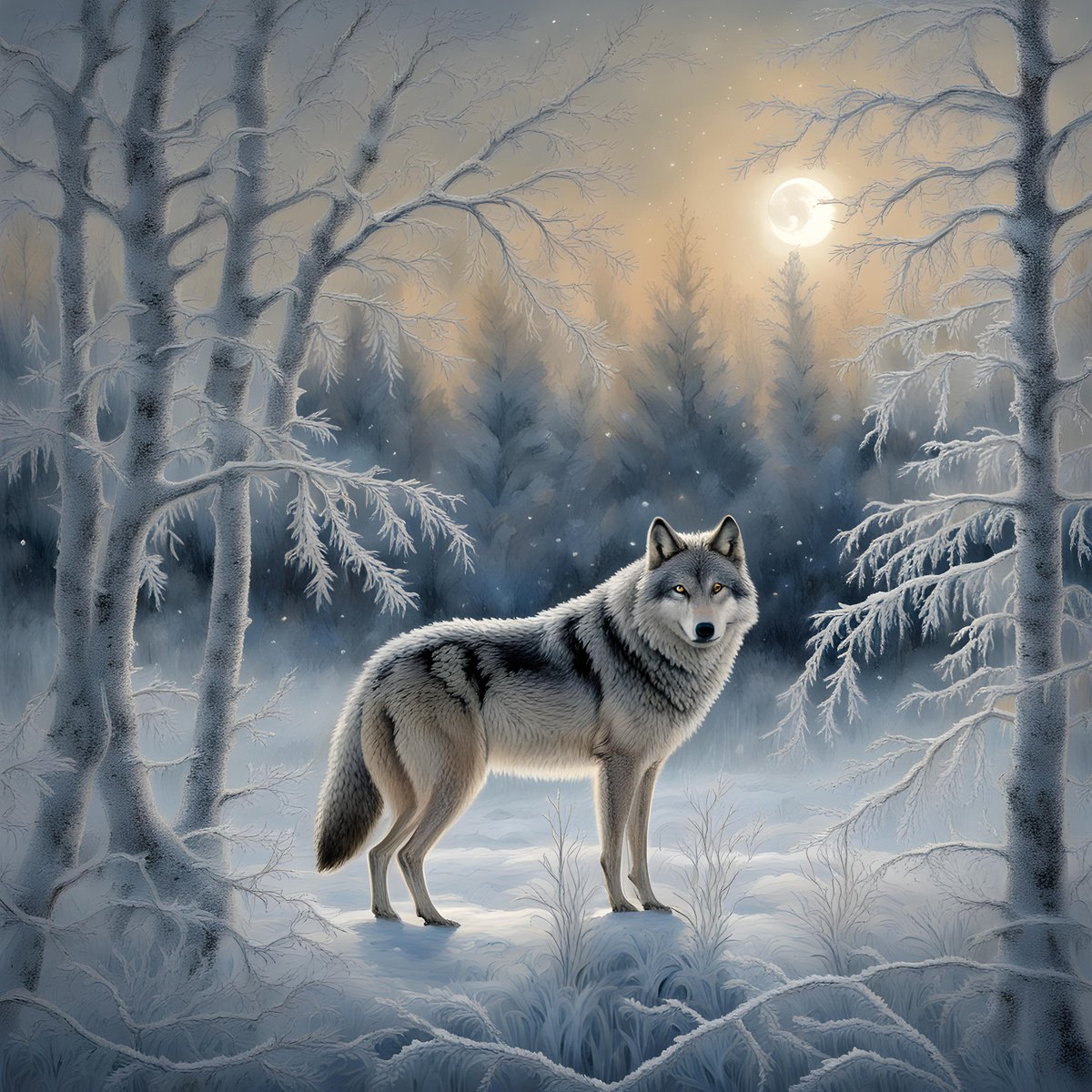 Canis Lupus Guardian of the Silent Snow #wolf #CanisLupus #moonlight #winter #winterscene #animal #snow #snowscene #aiart #ai #digitalart #art #artificialintelligence #aigenerated #generativeai #machinelearning #aiartwork