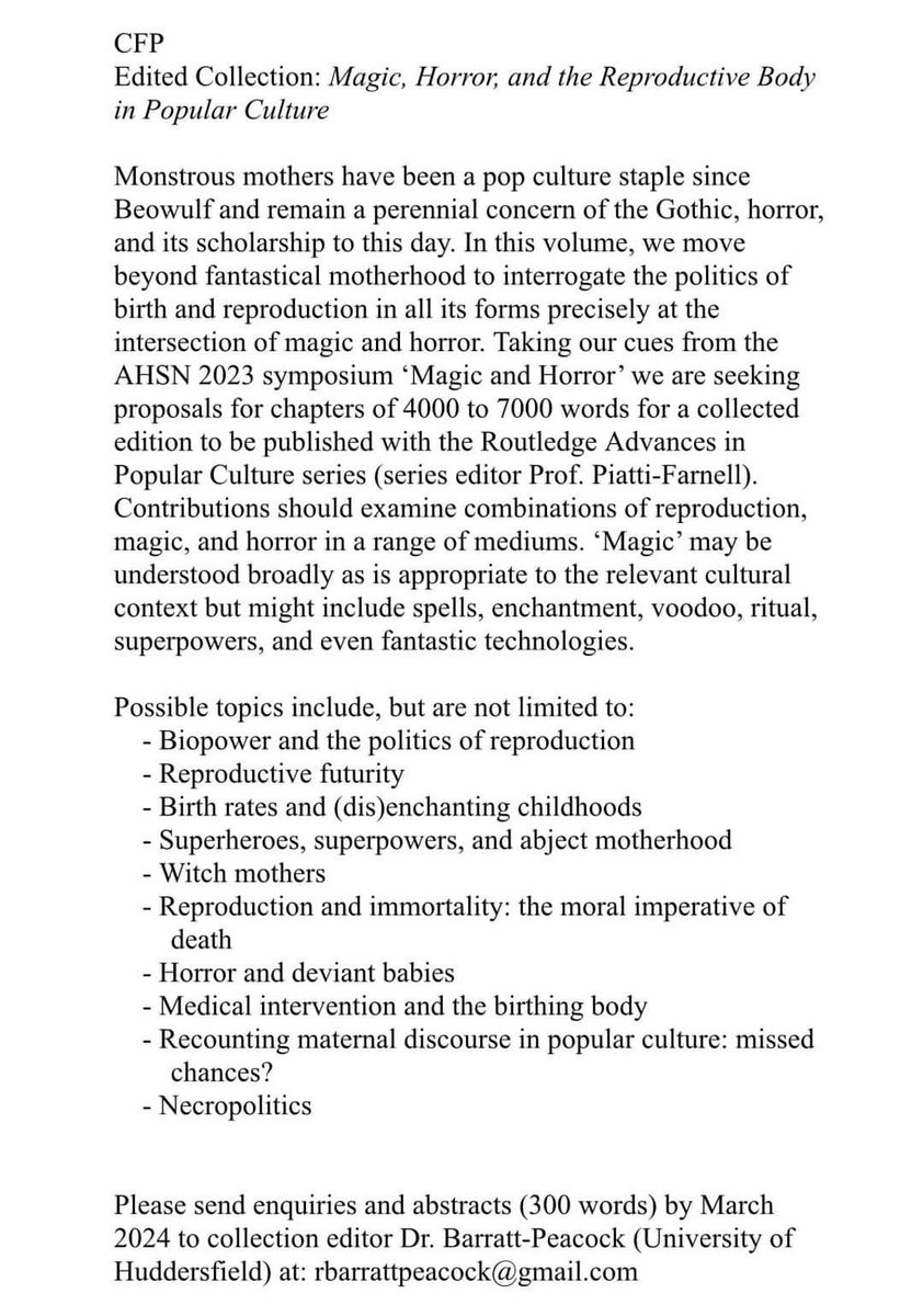 HenshinSophia's tweet photo. CFP that I'm sure will be of interest to many of my friends - Magic, Horror, and the Reproductive Body. https://t.co/sLUlQVZkeD