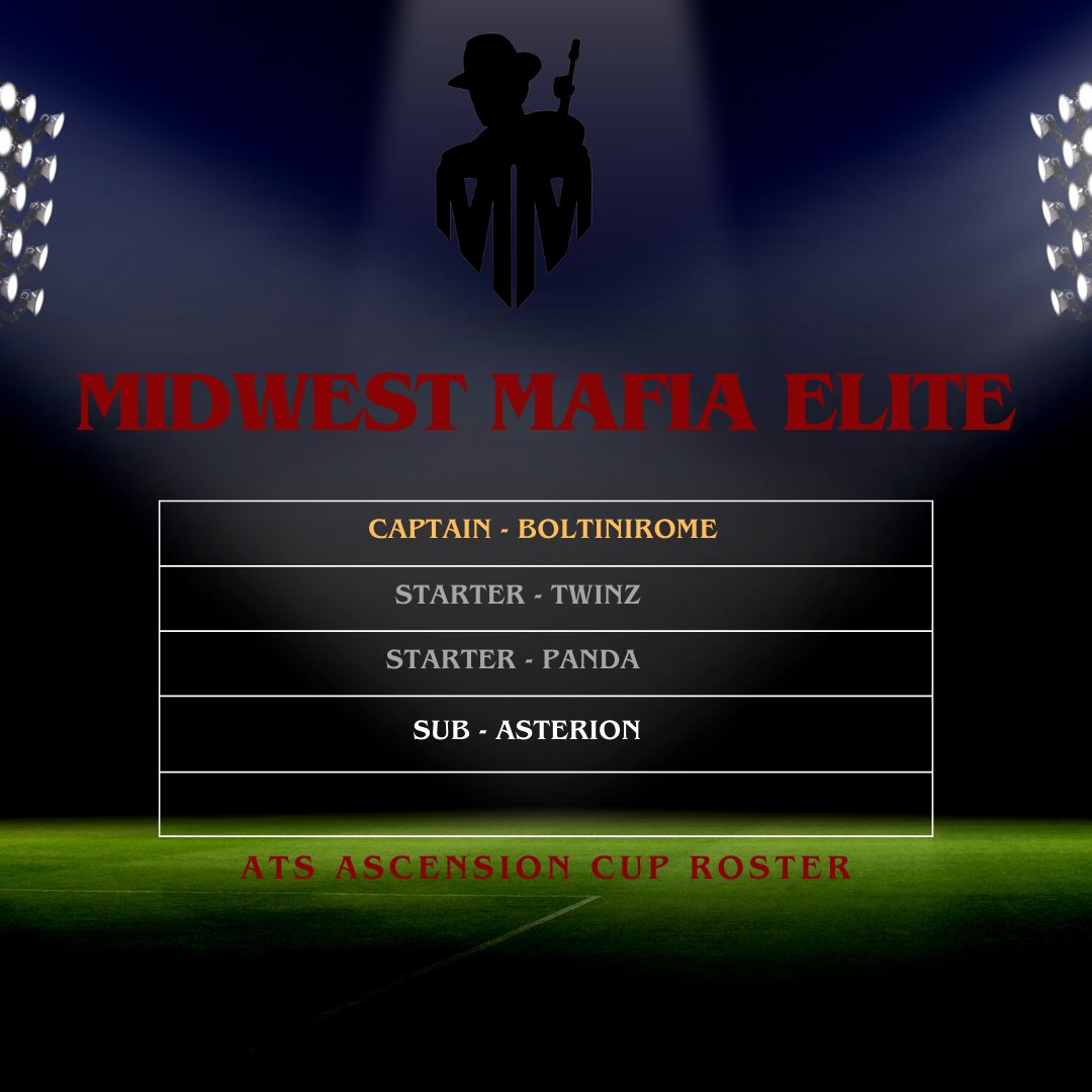 Introducing The Midwest Mafia Elite who set to play in the <a href="/ATS_RL/">Ascend Tournament Series</a> Ascension Cup !

🔫 <a href="/Blue_1588/">BoltiniRome</a> 
🔫 @Nj26Twinz 
🔫 <a href="/NF_Panda/">Panda</a> 
🔫 @NF_Asterion