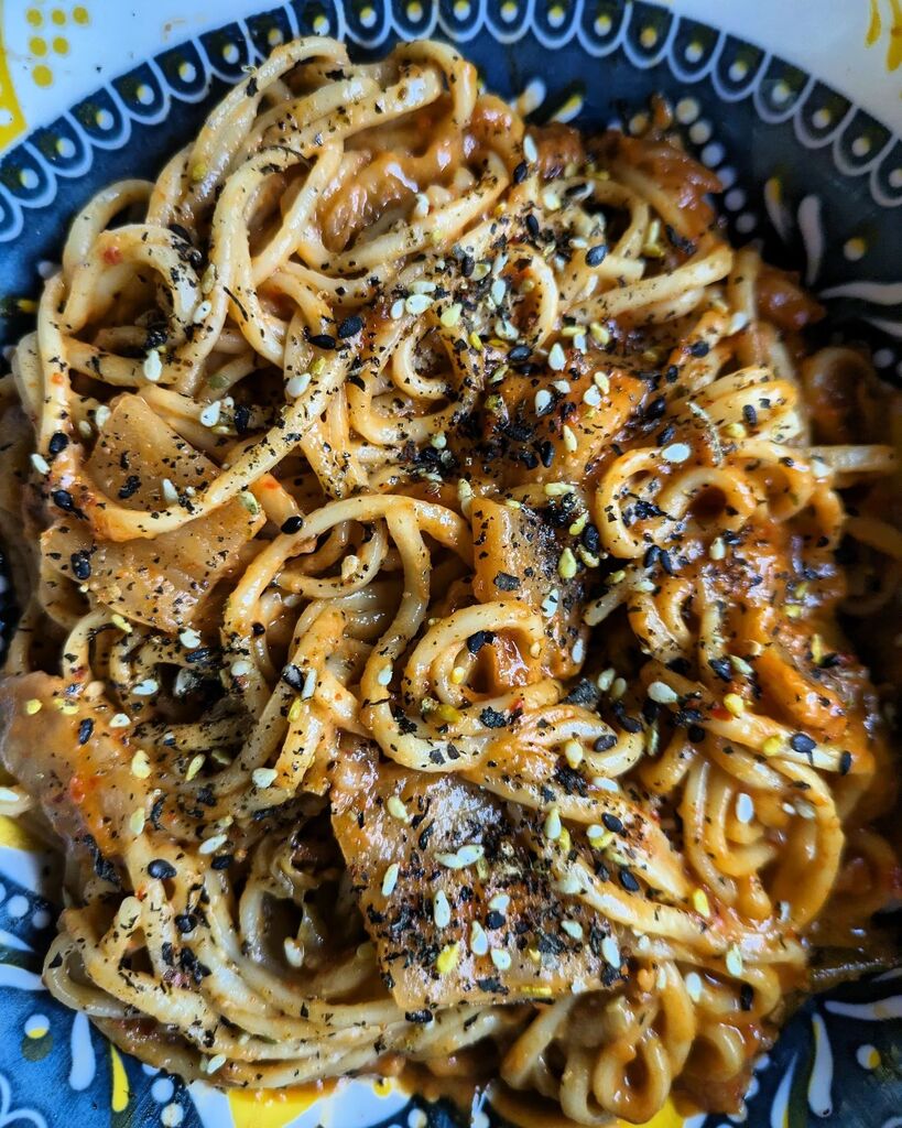 foodloverPDX's tweet photo. Big steamy bowl of udon with #dumplingsequallove Peanut-Chili sauce and the book's Napa Kimchi -- warmed up both together while the noodles boiled -- topped with my nettle furikake. I wish you could have a bite because it's super tasty and filled with al⦠https://t.co/ZadW40TFL6 https://t.co/lv3ljtXvyS