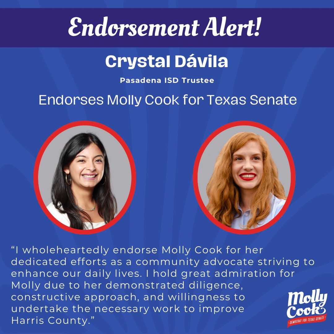 MollyforTexas's tweet photo. Thank you to @crysforpasadena for your endorsement! Trustee Crystal Dávila and I met working together on quality of life issues that matter to residents of Harris County. Thank you to Crystal for her work to care for students/public education, and thank you for your faith in me! https://t.co/YysbQ63kZH