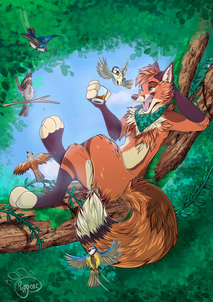 Just a bigfox, enjoying a whisky, chatting with his tiny birb friends :D 🦊🥃🌳🐦🐦‍⬛

Fantastic art by @Pudgical - commissioned by my amazing husbdog @tavtavern 🧡 I love this!

#BigFoxFriday 😏