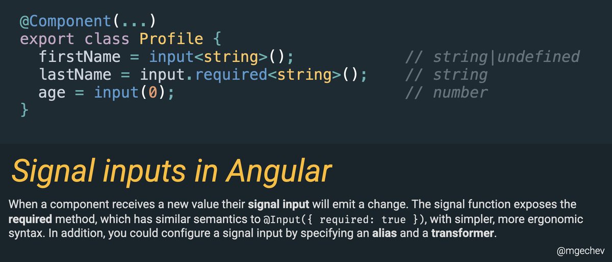 A week after the break and Angular is shipping: ‣ Signal based inputs ‣ Support TypeScript 5.3 ‣ Web test runner replacement for Karma ‣ Inline of fonts located in stylesheets ‣ Optional migration to esbuild for existing projects ...coming to v17.1 soon 🚀