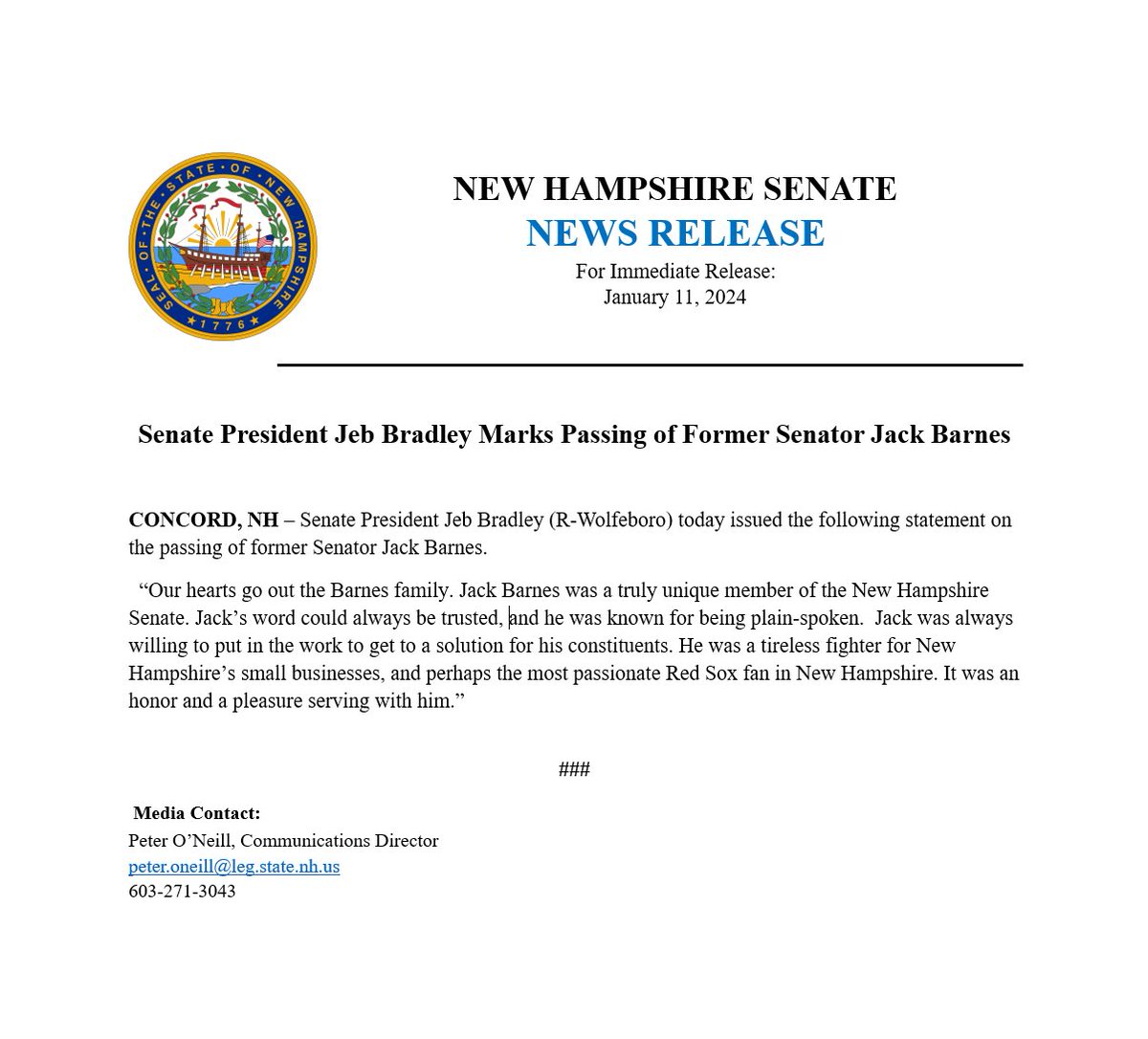 Senate President Jeb Bradley Marks Passing of Former Senator Jack Barnes #NHPolitics #NewHampshire