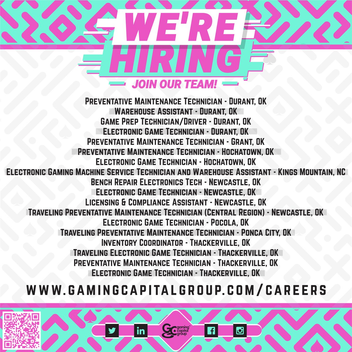 GamingCapitalG1's tweet photo. 🌟 Join our team at GCG! We're hiring in various locations across Oklahoma. 💼🌟 Join our team at GCG! We're hiring in various locations across Oklahoma. 🌎 🛠️
 #OklahomaJobs  #CasinoJobs #OKJobs #TechJobs
 #OklahomaJobs  #CasinoJobs #OKJobs #TechJobs https://t.co/q9eMZgaE0l