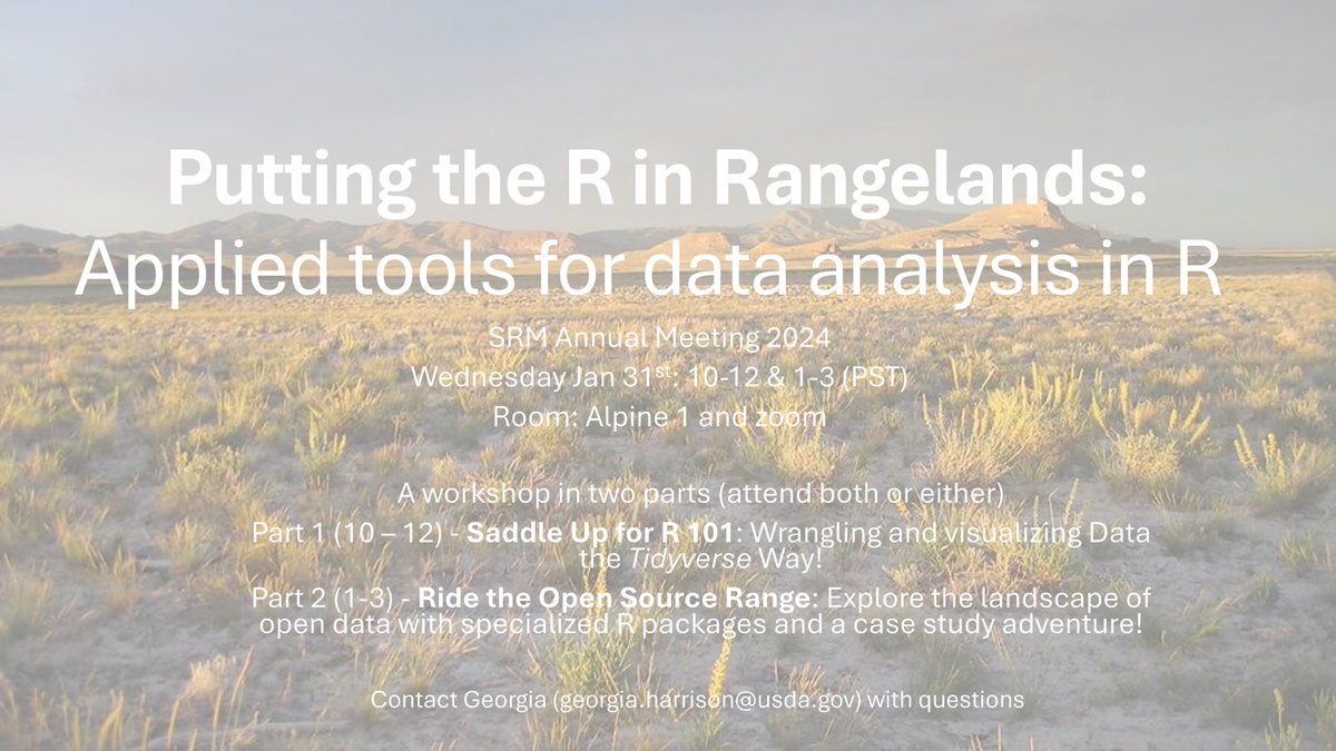 If you’re attending the <a href="/rangelands/">Society for Range Management</a> annual meeting in a few weeks and interested in learning more about R and open source data, swing by our R workshop on Wednesday for a rootin’ tootin’ good time 🤠

#SRM24