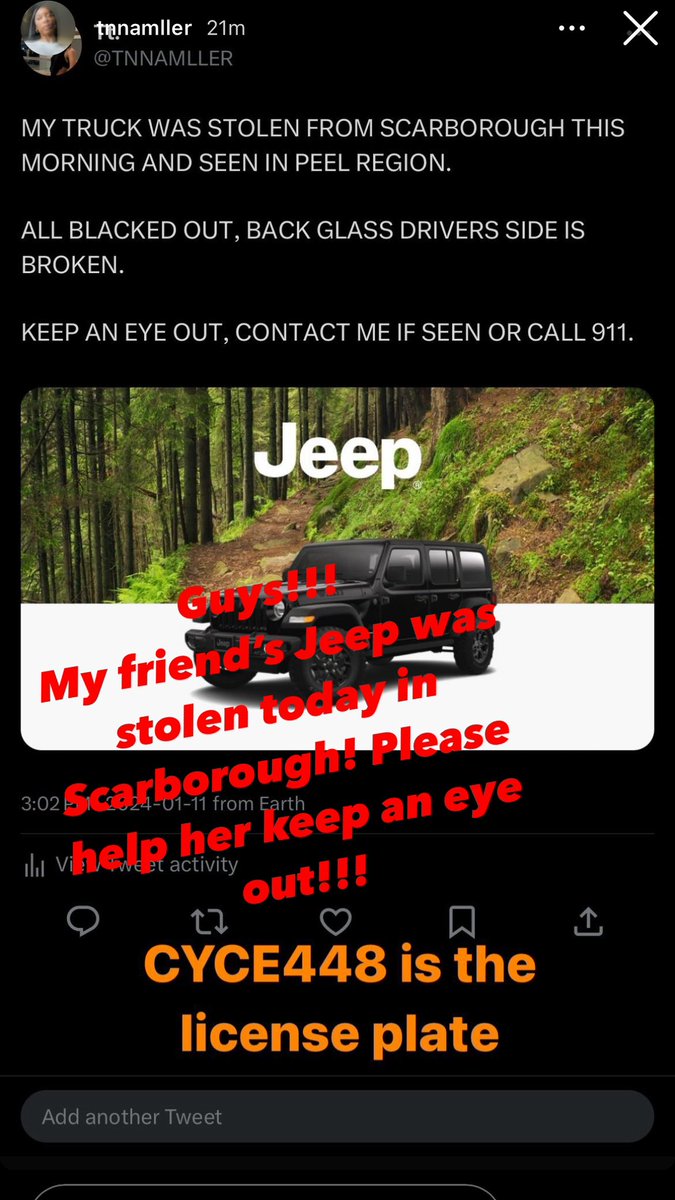 Kellaaaaaaa's tweet photo. PLEASE HELP MY FRIEND FIND HER JEEP! It was stolen today in Scarborough… https://t.co/0Idcq8Ycem