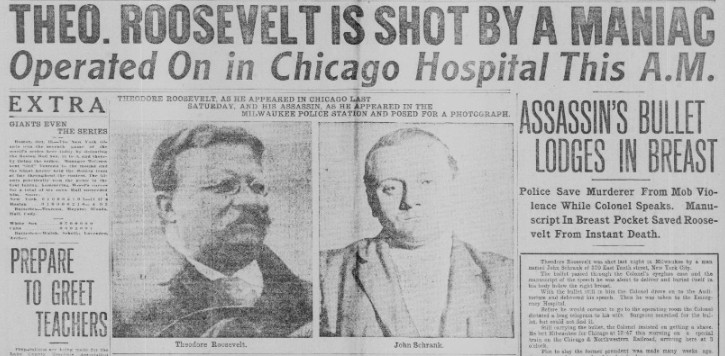 Tedroosevelt644's tweet photo. Headline: Roosevelt is shot by a maniac
On that fateful day, an assassin's bullet hit me, but it couldn't silence my voice. I was determined to address to the nation, I stepped to the podium with a blood-stained shirt, showing resilience and dedication to the American people. https://t.co/J3VdrdAzku