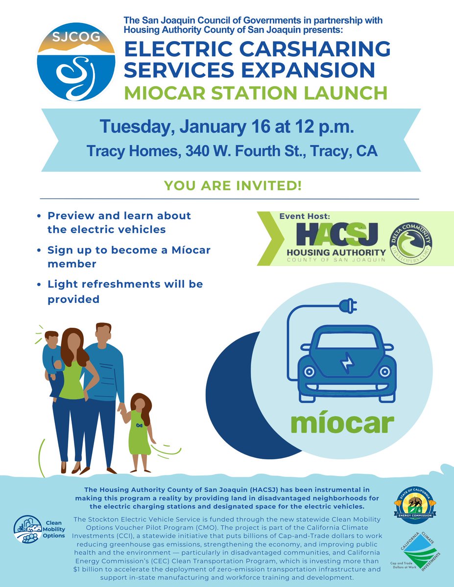 SJCOG's tweet photo. @SJCOG is expanding access to nonprofit electric #carsharing services in underserved communities with #Miocar’s latest location at @SJCHousingAuth’s Tracy Homes. Read more here: https://t.co/2BxyGtkvuJ. @CAClimateInvest #capandtrade #CMO #CleanMobilityOptions #EV https://t.co/pepPioLyLp