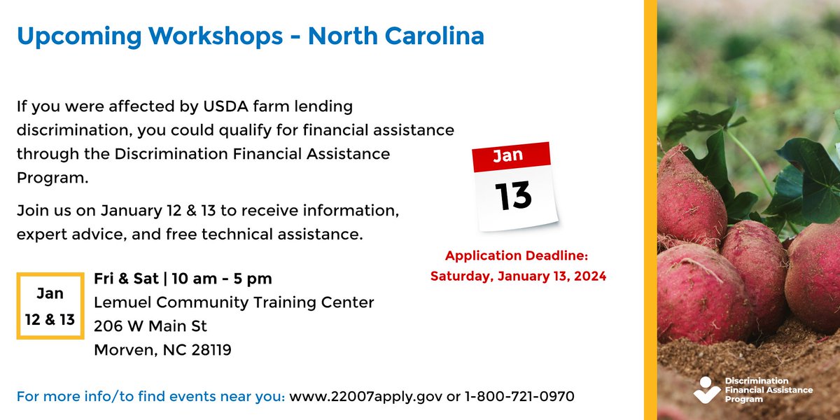 Here are some upcoming events to learn more about the Discrimination Financial Assistance Program. Farmers and ranchers who experienced discrimination in USDA farm lending can apply for financial assistance. The application process is free, &amp; you do not need an attorney to apply.