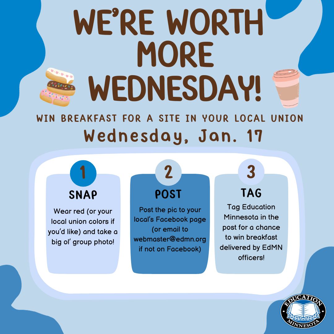 EducationMN's tweet photo. We need to stand together in solidarity to support EVERY local in their efforts to win the contracts they and their students deserve now more than ever! To have a little fun with it, locals and buildings should participate in our "We're Worth More" Wednesday next week! https://t.co/9f0el00XV9
