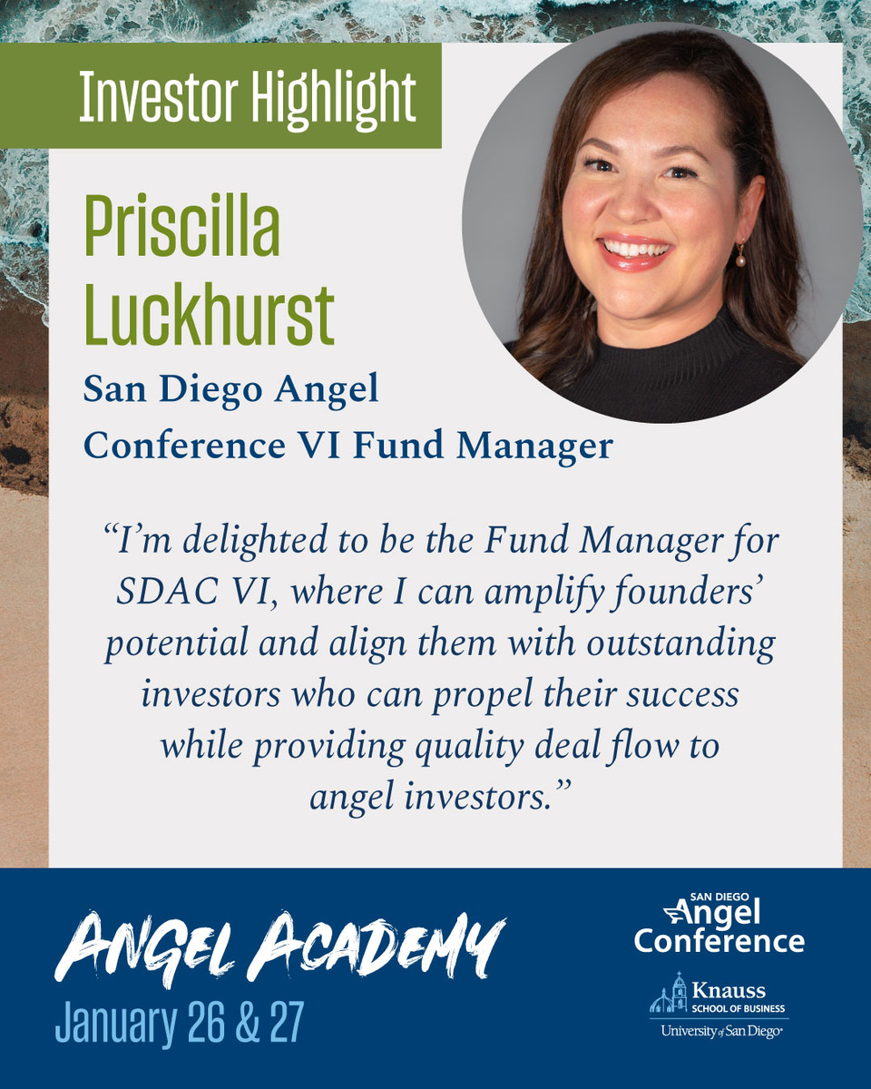 Meet our amazing SDAC VI Fund Manager, Priscilla Luckhurst and join us on January 26-27, 2024 to meet incredible investors and learn everything there is to know about the basics of angel investing at Angel Academy 2024. hubs.ly/Q02gcj6k0
