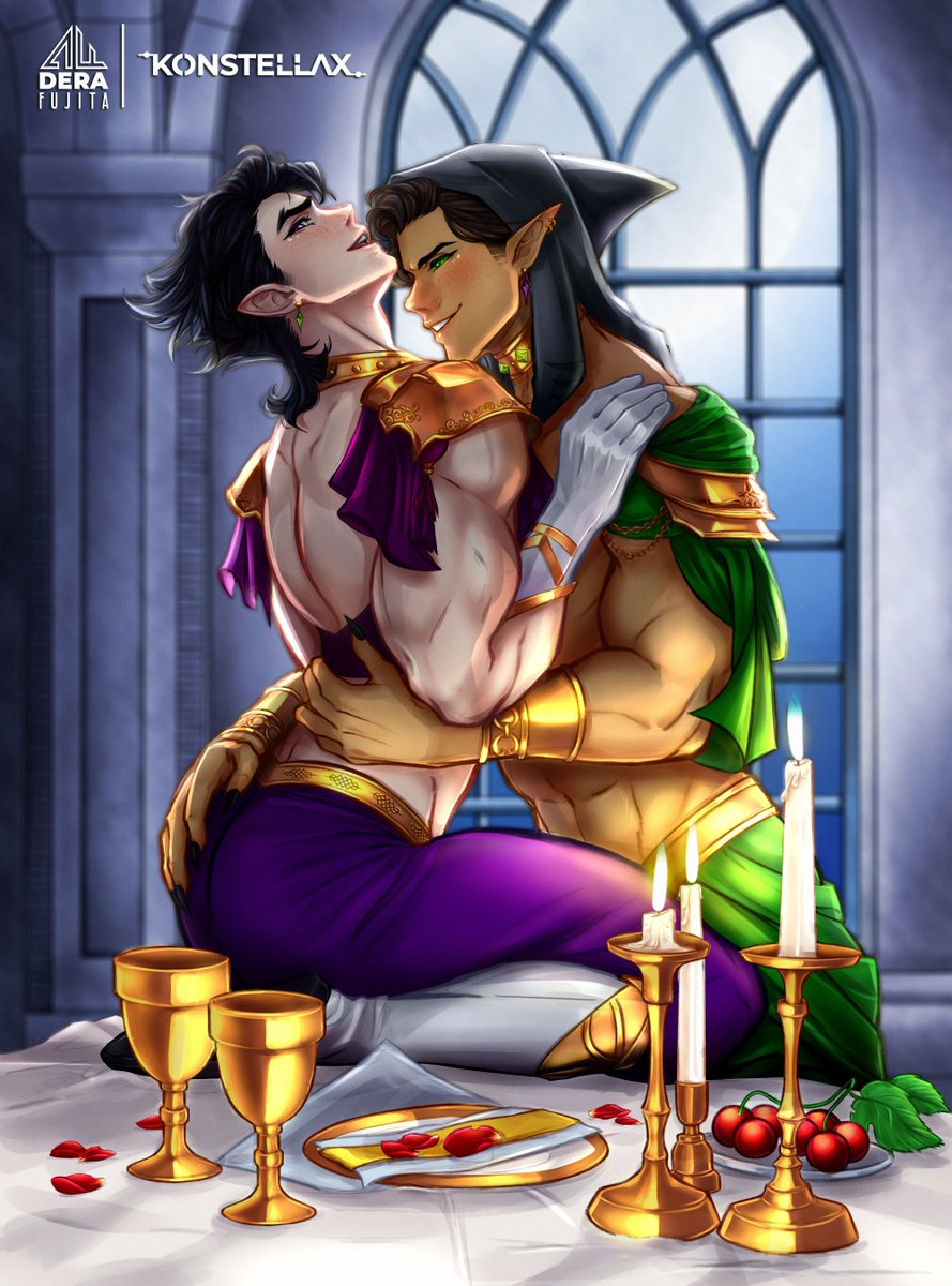 Konstellax's tweet photo. A romantic dinner? perfect, but I don't think they're going to eat food 🔥

Le agradezco tanto a la increíble artista @DeraFujita por querer colaborar conmigo💜💖

Su manejo de colores es tan sublime y le ha dado vida a la mayor parte de esta obra 🥹✨

#fooligetta https://t.co/SKlyAL691K