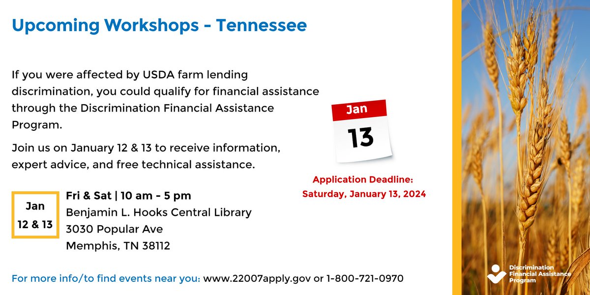 Here are some upcoming events to learn more about the Discrimination Financial Assistance Program. Farmers and ranchers who experienced discrimination in USDA farm lending can apply for financial assistance. The application process is free, &amp; you do not need an attorney to apply.