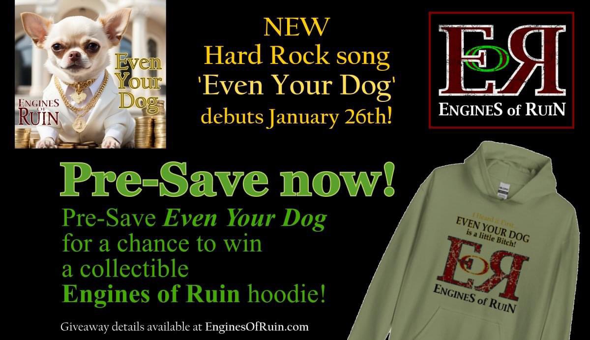 Pre-Save the new Engines of Ruin single "Even Your Dog" so it will be in your Spotify Release Radar when it drops in a couple weeks.

... you might be the lucky winner of a rare EoR hoodie!
distrokid.com/hyperfollow/en…