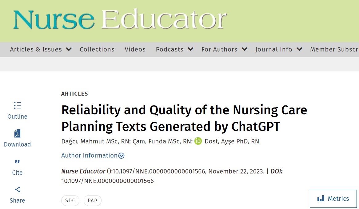 NEjournalonline's tweet photo. "Reliability and Quality of the Nursing Care Planning Texts Generated by ChatGPT"

The study sample comprised 40 texts generated by ChatGPT selected nursing diagnoses that were included in NANDA 2021-2023.

https://t.co/TTNxHiJfSi https://t.co/mr9JlfB5KW