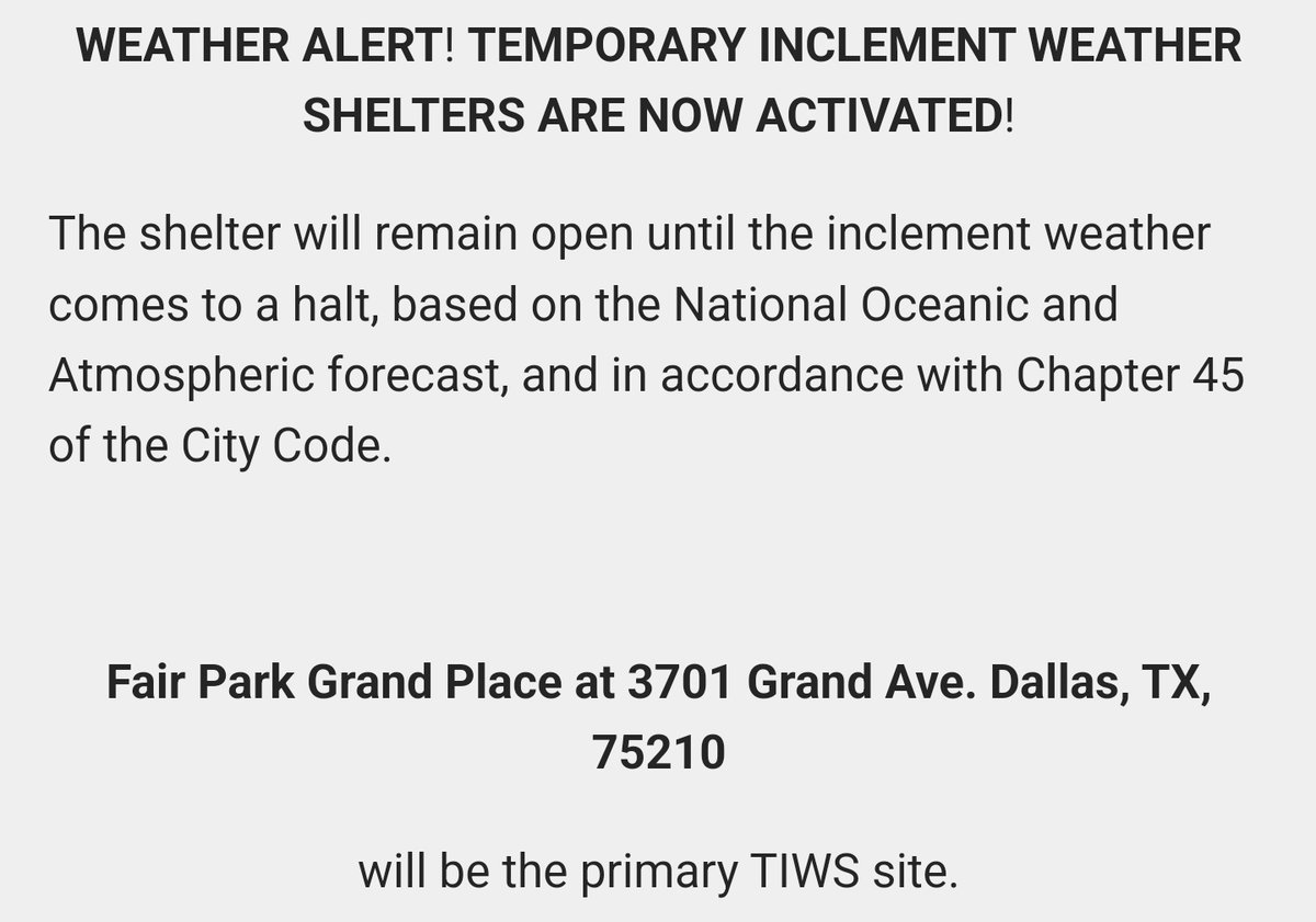 It's about to get very cold in Texas. Temporary inclement weather shelters  are now open in Dallas. I will add more resources to this thread as I collect them.

dallashomelesssolutions.com/street-outreac…