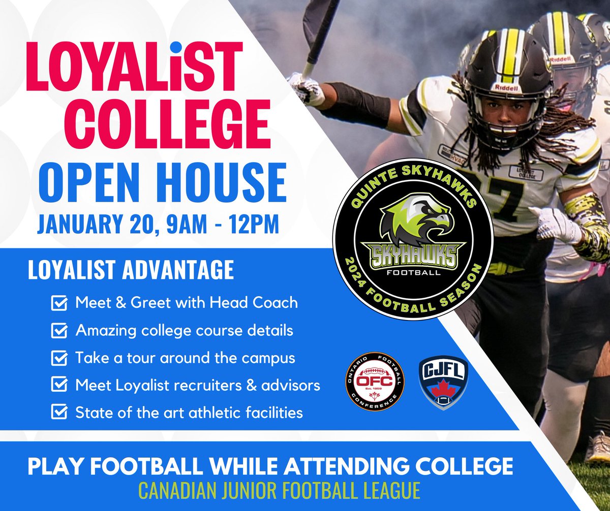Mark the date down! Open House at <a href="/LoyalistCollege/">Loyalist College</a>  Amazing opportunity... Amazing school... Continue your football journey with <a href="/SkyhawksFootbal/">SkyhawksFootball</a>.  We want to see you there! Learn about our amazing partnership and how we can take your game and career to the next level!