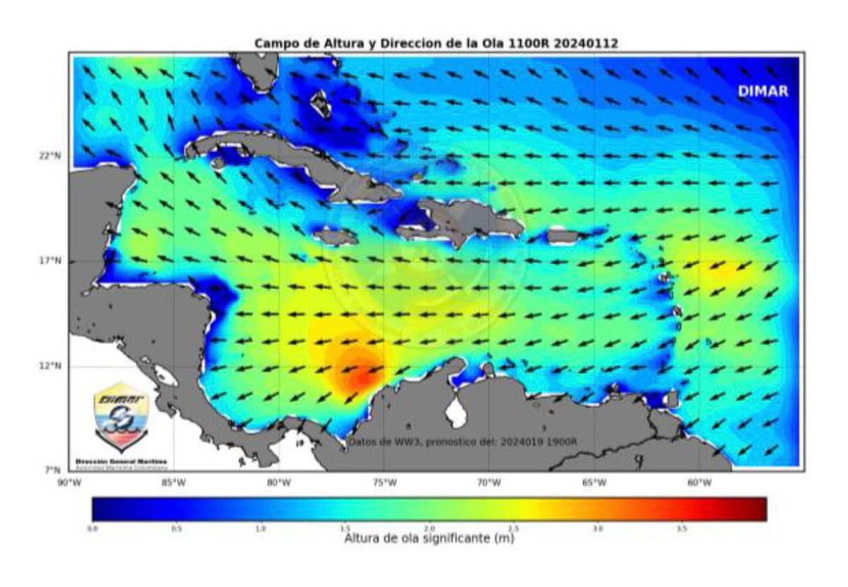 Dimarcolombia's tweet photo. 🚨 #AlertaDimar | Nuestro#CIOH, informa a la comunidad sobre el cambio en las condiciones meteomarinas en la cuenca #Caribe colombiano, las cuales impactan a las poblaciones de #PuertoBolívar, #Riohacha, #SantaMarta, #Barranquilla, #Cartagena, #Coveñas #SanAndrés y #Providencia. https://t.co/9qPH5Il3NX