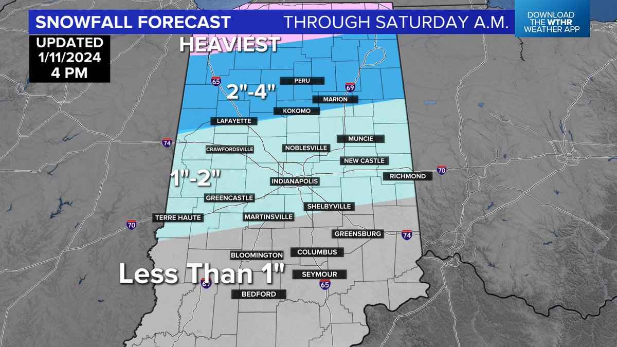 SeanAshWX's tweet photo. Central Indiana storm headlines:

* 1”-2” rain 6am - 6pm Fri
* Coating to 2” snow south to north (highest north) Fri 6pm - Sat 6am
* Blowing snow 
* Peak gusts 45-60 mph produce some damage/power outages 
* Flash freeze possible Fri night 

https://t.co/PNqhTMw1Mu https://t.co/q1RmVmsNZ2