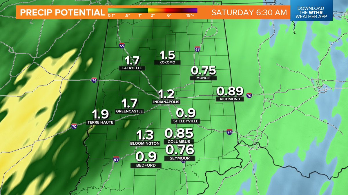 SeanAshWX's tweet photo. Central Indiana storm headlines:

* 1”-2” rain 6am - 6pm Fri
* Coating to 2” snow south to north (highest north) Fri 6pm - Sat 6am
* Blowing snow 
* Peak gusts 45-60 mph produce some damage/power outages 
* Flash freeze possible Fri night 

https://t.co/PNqhTMw1Mu https://t.co/q1RmVmsNZ2