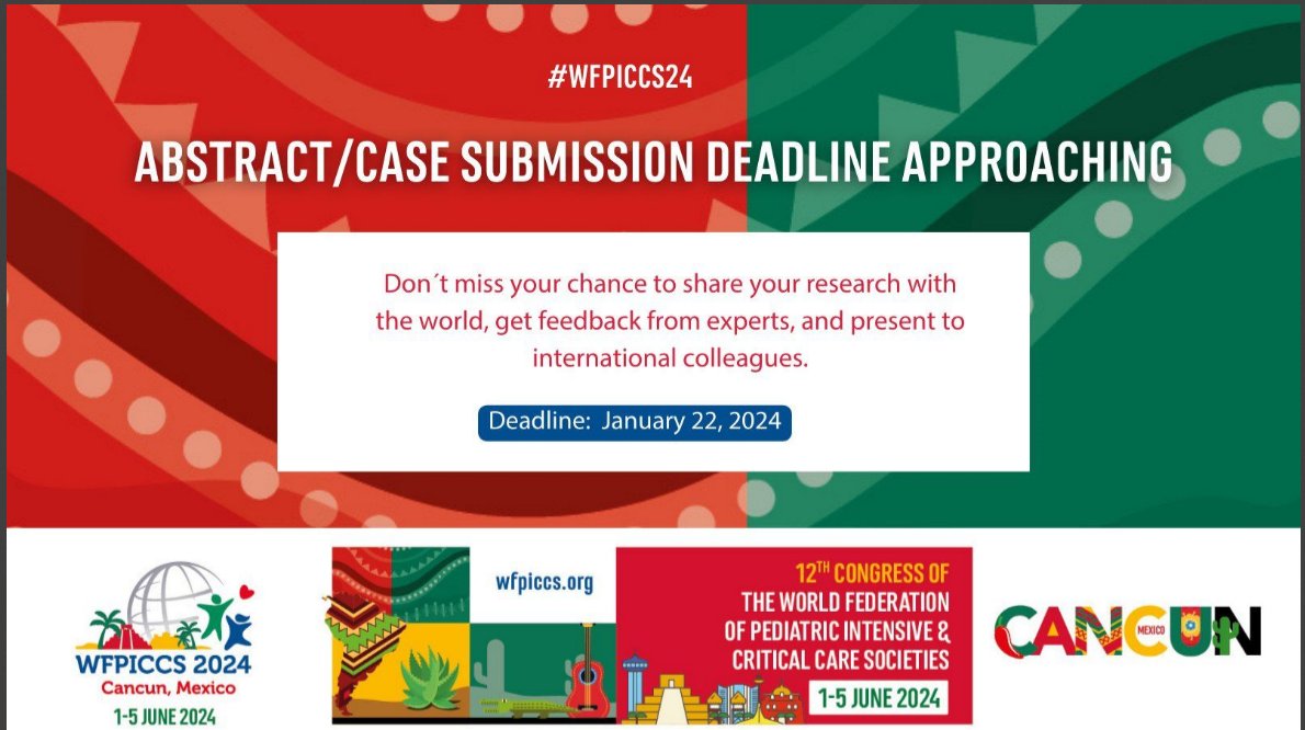¿qué esperas para mostrar tu experiencia con la comunidad #PedsICU #WFPICCS24, fecha límite de envío de trabajos libres el día 22, #LATAM tiene mucho que compartir con el mundo, somos un área única con retos complejos y grandes conocimientos 👇👇 click 
wfpiccs.org/wfpiccs-2024/s…