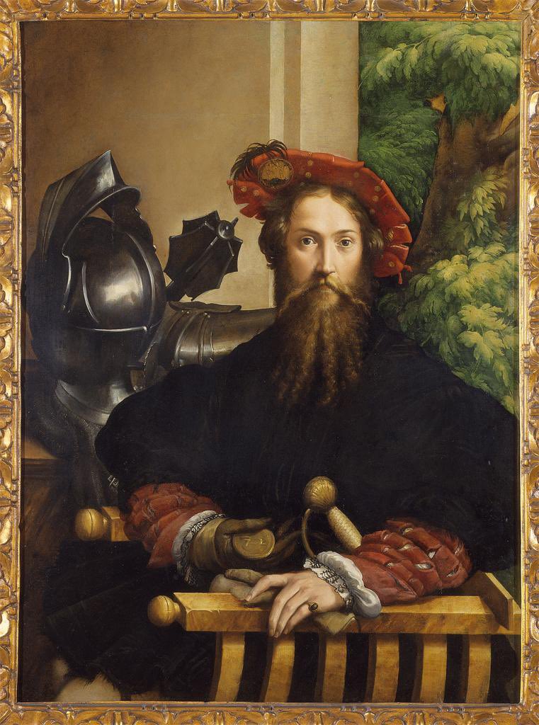 Possessed of an A+ curly beard and formidable arms & armor, and looking very wide awake: Gian Galeazzo Sanvitale, Count of Fontanellato, in 1524. Painted by Parmigianino, whose day was today.