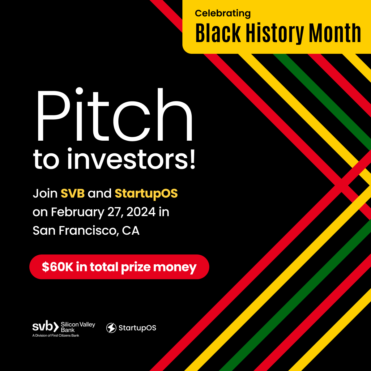 Founders1st's tweet photo. EXCITING NEWS! @SiliconVlyBank & #StartupOS are teaming up once again to sponsor a #pitchevent during #BlackHistoryMonth at the SVB Innovation Center in the heart of #SanFrancisco!
Don't miss out & apply today: https://t.co/VdlS2YBZXC
⚡️
#YesSVB #Innovation #Diversity #Startups https://t.co/vB2AotyY9Q