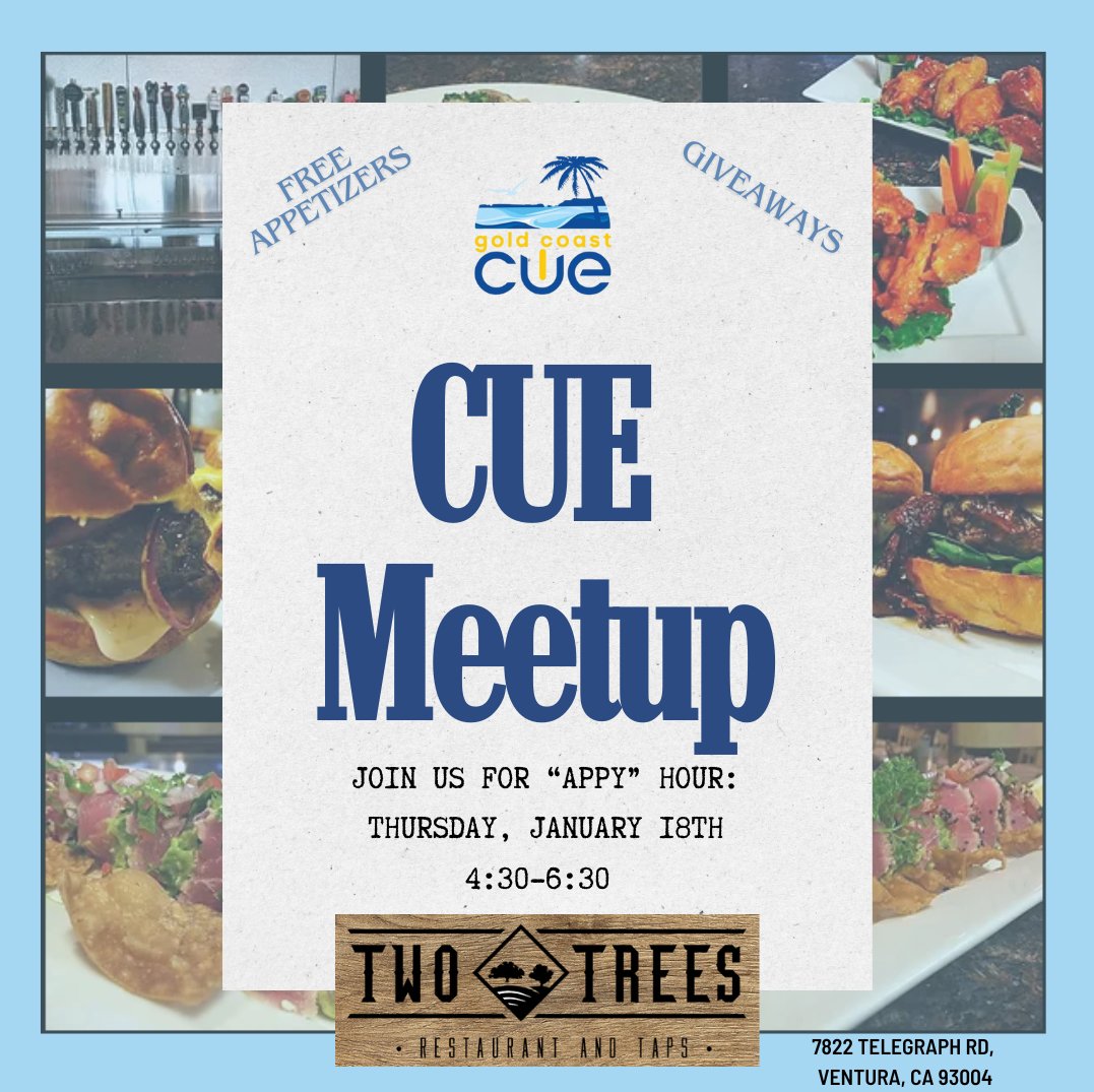 Want to learn more about Gold Coast CUE and our upcoming events like #SuperBoldSaturday? Join us for an 'appy' hour meetup at Two Trees Restaurant & Taps in Ventura a week from today from 4:30-6:30. Appetizers and giveaways provided. See you then!