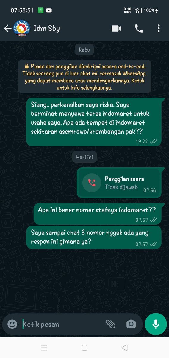 HmRiska's tweet photo. @Indomaret  hei permisi... Ini gimana ya staf kalian yang area gresik. Ini saya minat mau nyewa teras indomaret kok respon nya lelet banget!!. Ini aku sudah chat sejak hari rabu, untuk ukuran kota besar kayak gresik ini parah banget sih. Orangnya masih kerja atau udah di phk sih? https://t.co/CCpUvu91dG