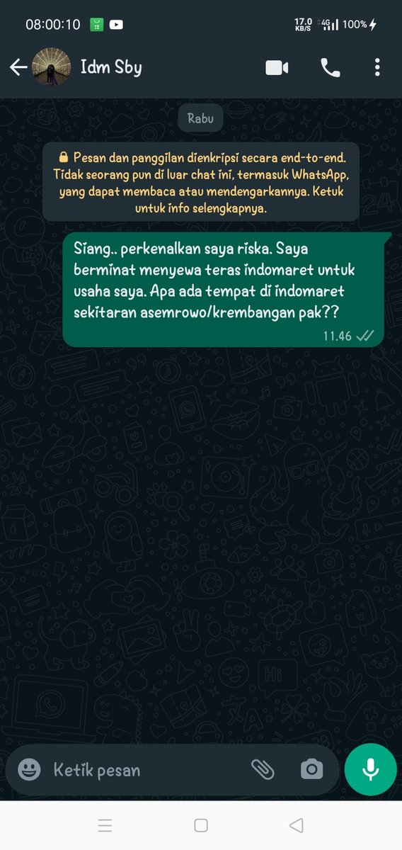HmRiska's tweet photo. @Indomaret  hei permisi... Ini gimana ya staf kalian yang area gresik. Ini saya minat mau nyewa teras indomaret kok respon nya lelet banget!!. Ini aku sudah chat sejak hari rabu, untuk ukuran kota besar kayak gresik ini parah banget sih. Orangnya masih kerja atau udah di phk sih? https://t.co/CCpUvu91dG