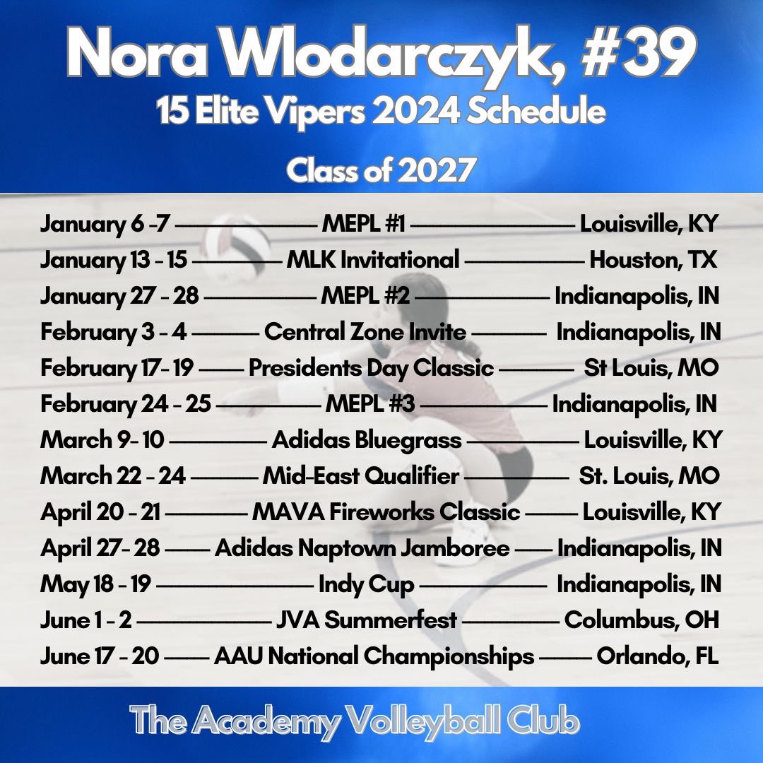 norawlodarczyk's tweet photo. Looking forward to my 2024 club season! Here’s my schedule - headed to Houston this weekend with @TheAcademyVB 15E Vipers! @TAVCRecruiting https://t.co/1WFWEqFEho